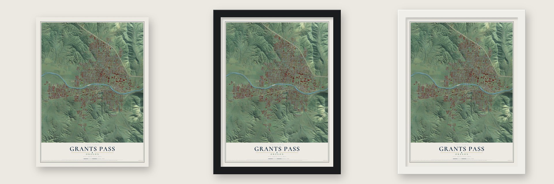 Grants Pass, Oregon map unframed, in a black wood frame and in a white wood frame