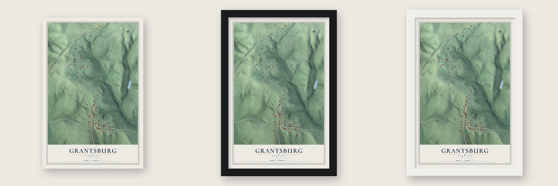 Grantsburg, Indiana map unframed, in a black wood frame and in a white wood frame