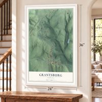 Grantsburg, Indiana map, 24 x 36 inch print in a white frame by a staircase