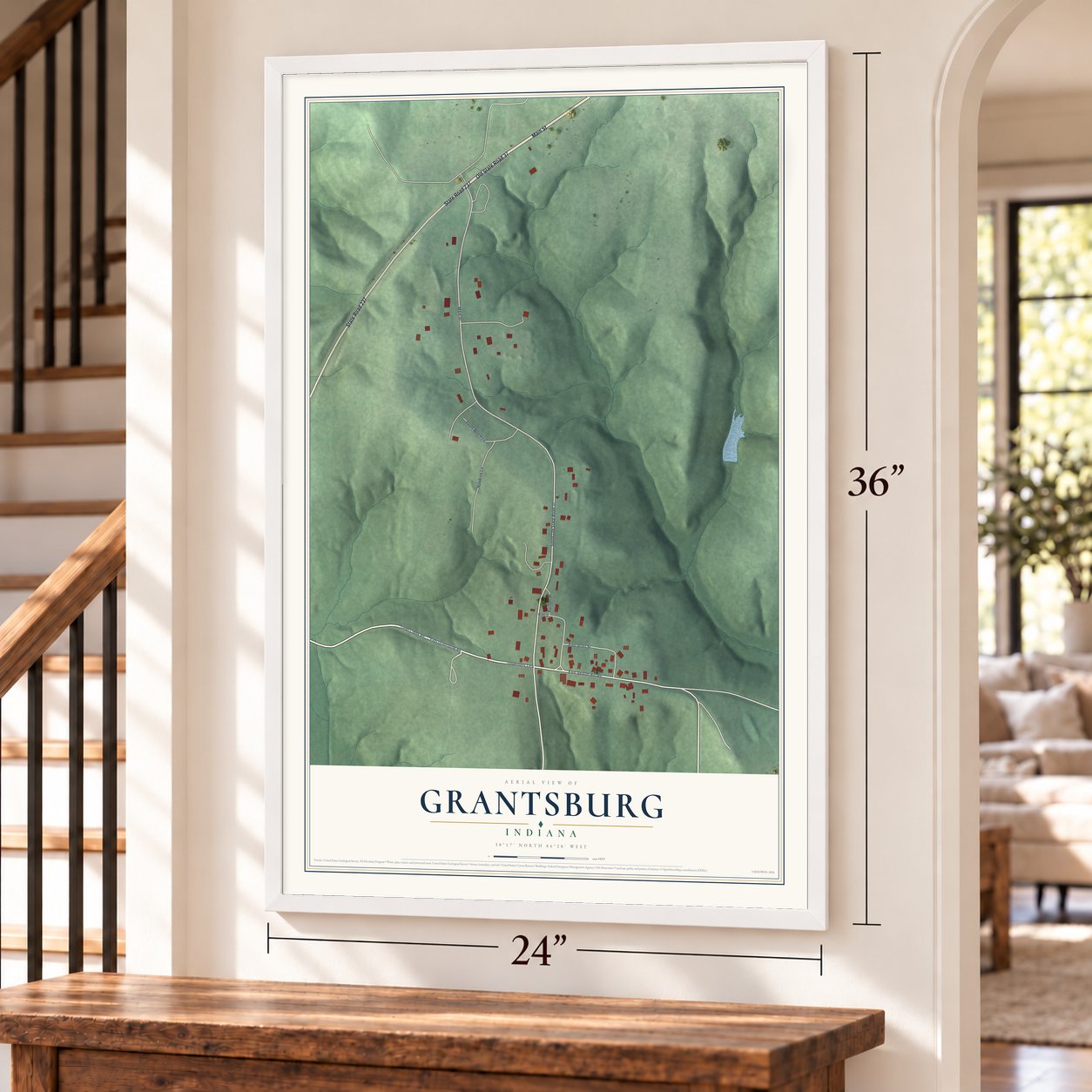 Grantsburg, Indiana map, 24 x 36 inch print in a white frame by a staircase