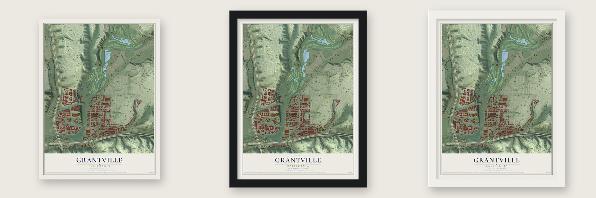 Grantville, California map unframed, in a black wood frame and in a white wood frame