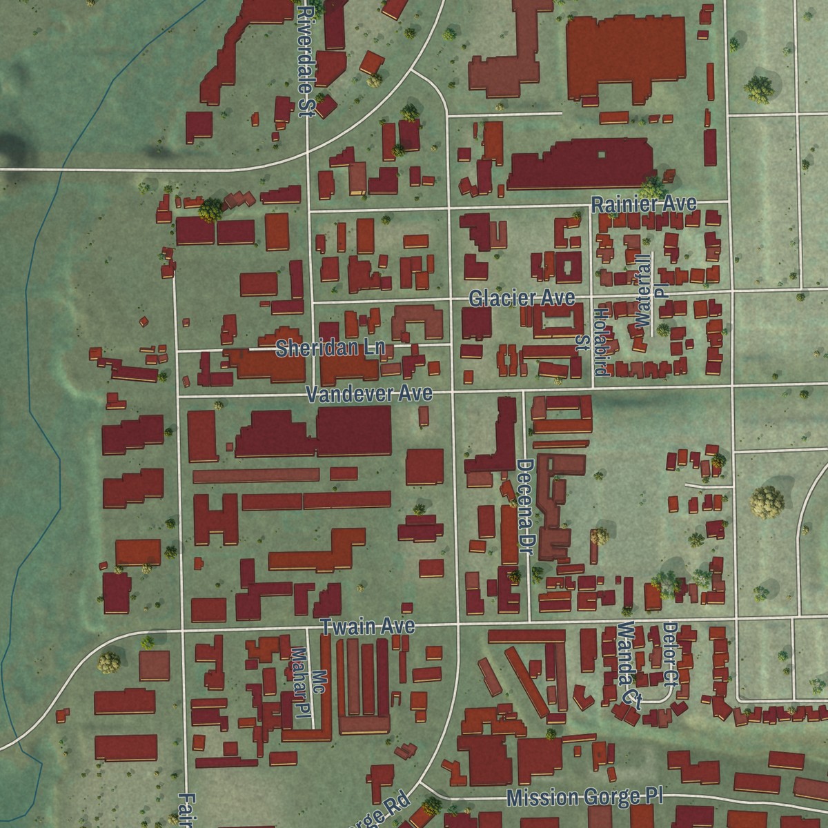 Second close-up of the map of Grantville, California print showing more streets and buildings