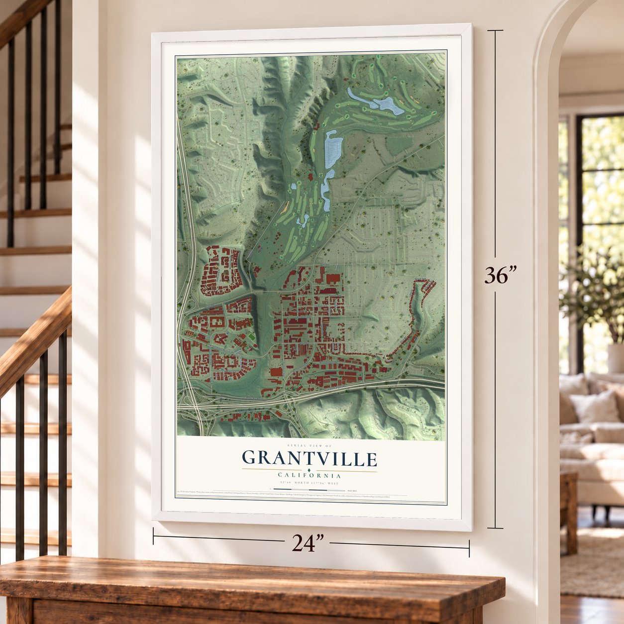Grantville, California map, 24 x 36 inch print in a white frame by a staircase