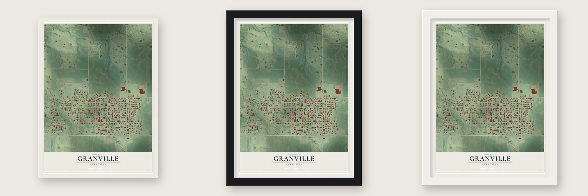 Granville, Illinois map unframed, in a black wood frame and in a white wood frame