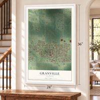 Granville, Illinois map, 24 x 36 inch print in a white frame by a staircase