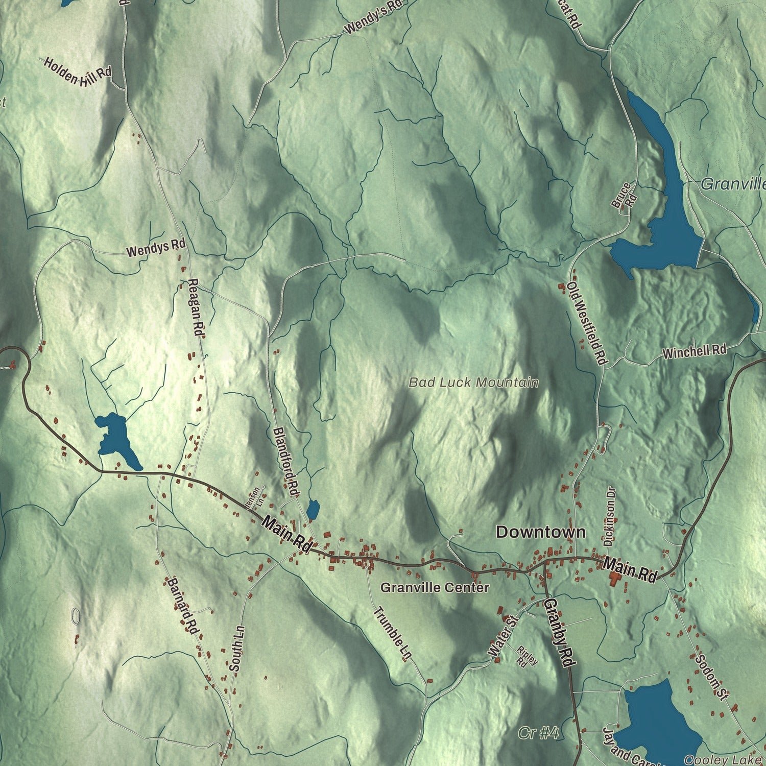 Close-up of the map of Granville, Massachusetts print showing terrain and local geography