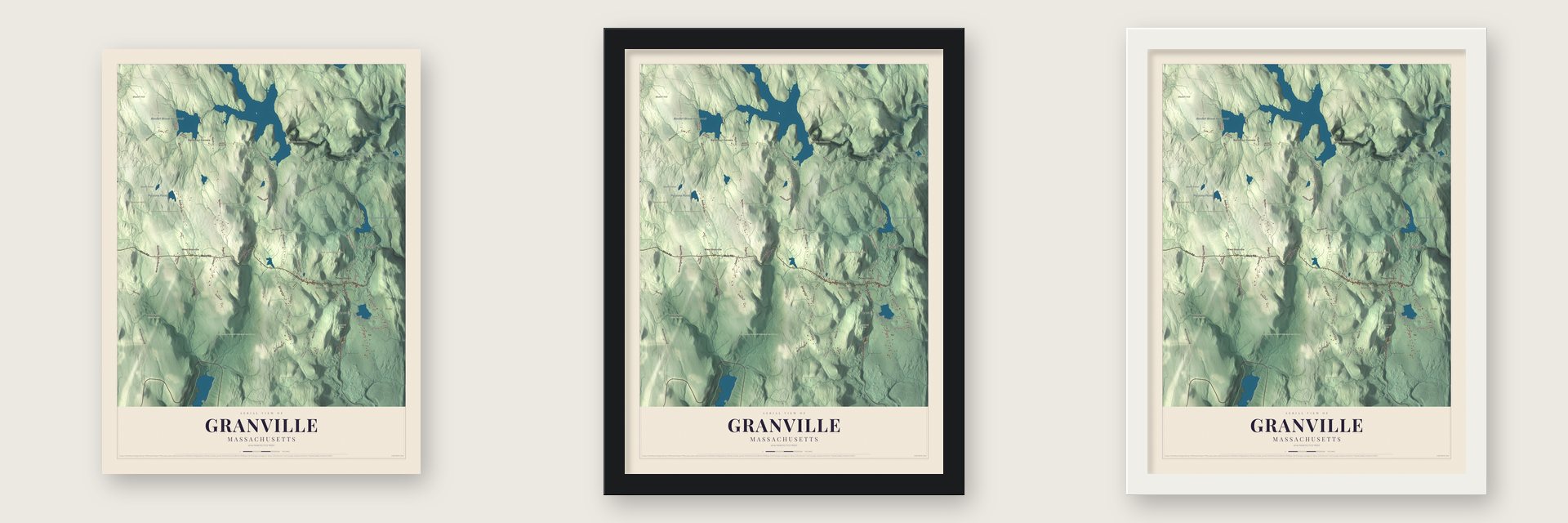 Granville, Massachusetts map unframed, in a black wood frame and in a white wood frame