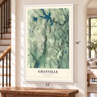 Granville, Massachusetts map, 24 x 36 inch print in a white frame by a staircase