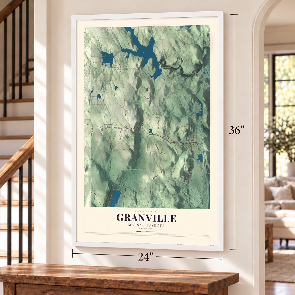 Granville, Massachusetts map, 24 x 36 inch print in a white frame by a staircase