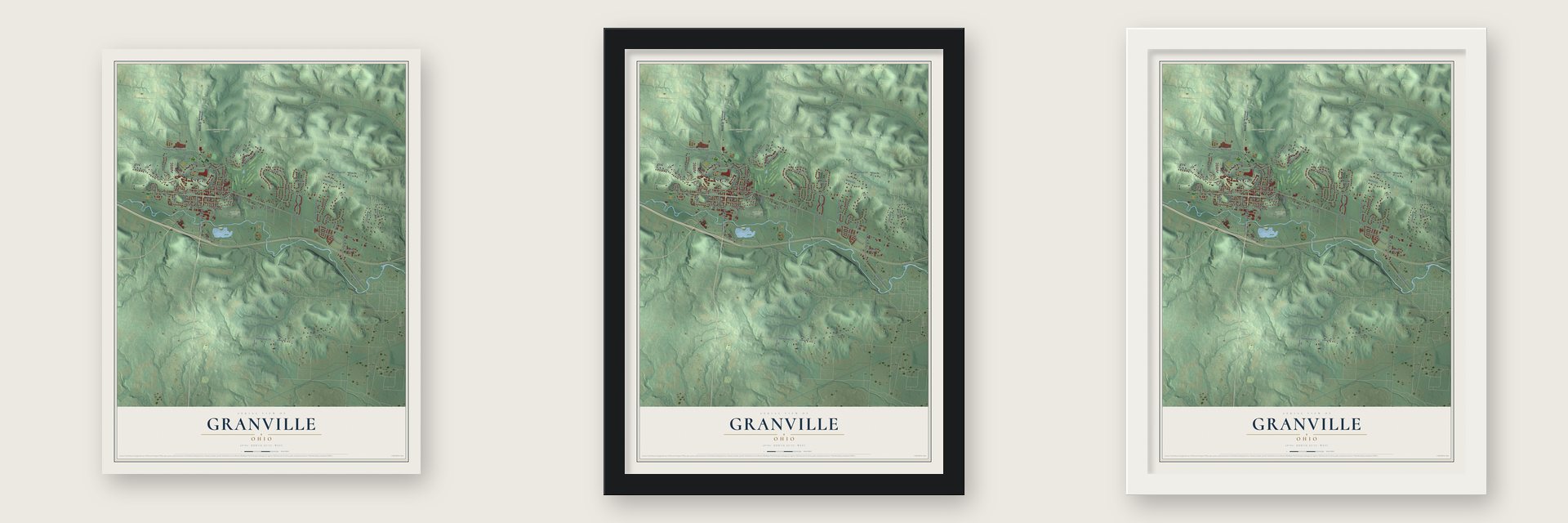 Granville, Ohio map unframed, in a black wood frame and in a white wood frame