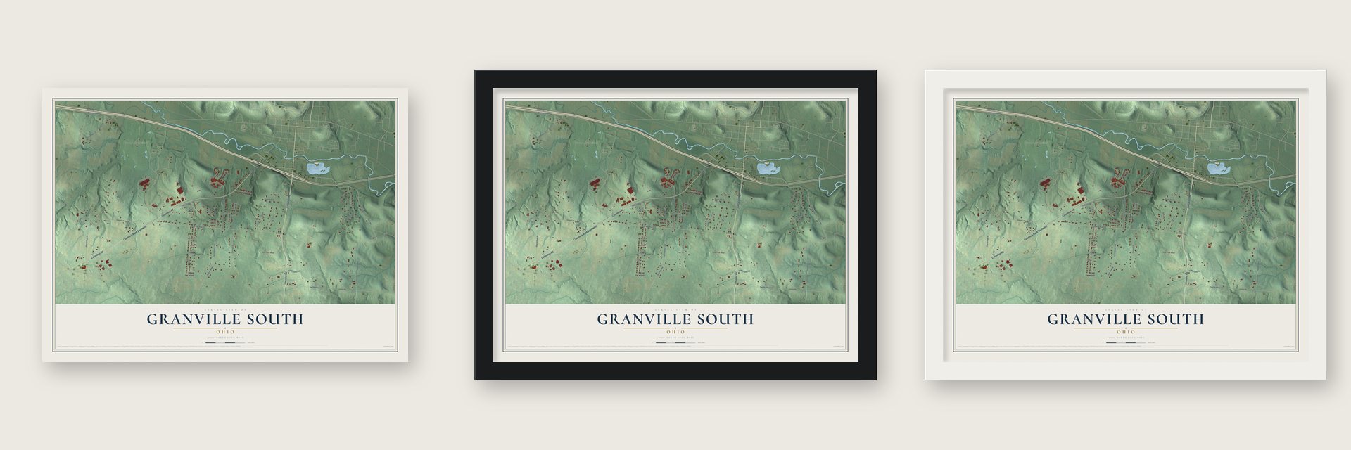 Granville South, Ohio map unframed, in a black wood frame and in a white wood frame