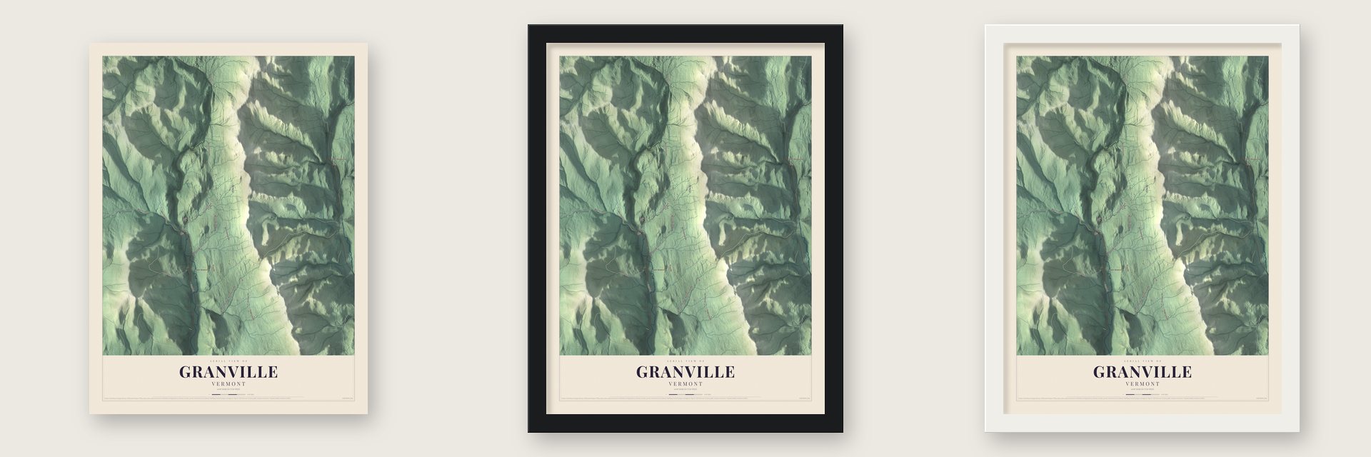 Granville, Vermont map unframed, in a black wood frame and in a white wood frame