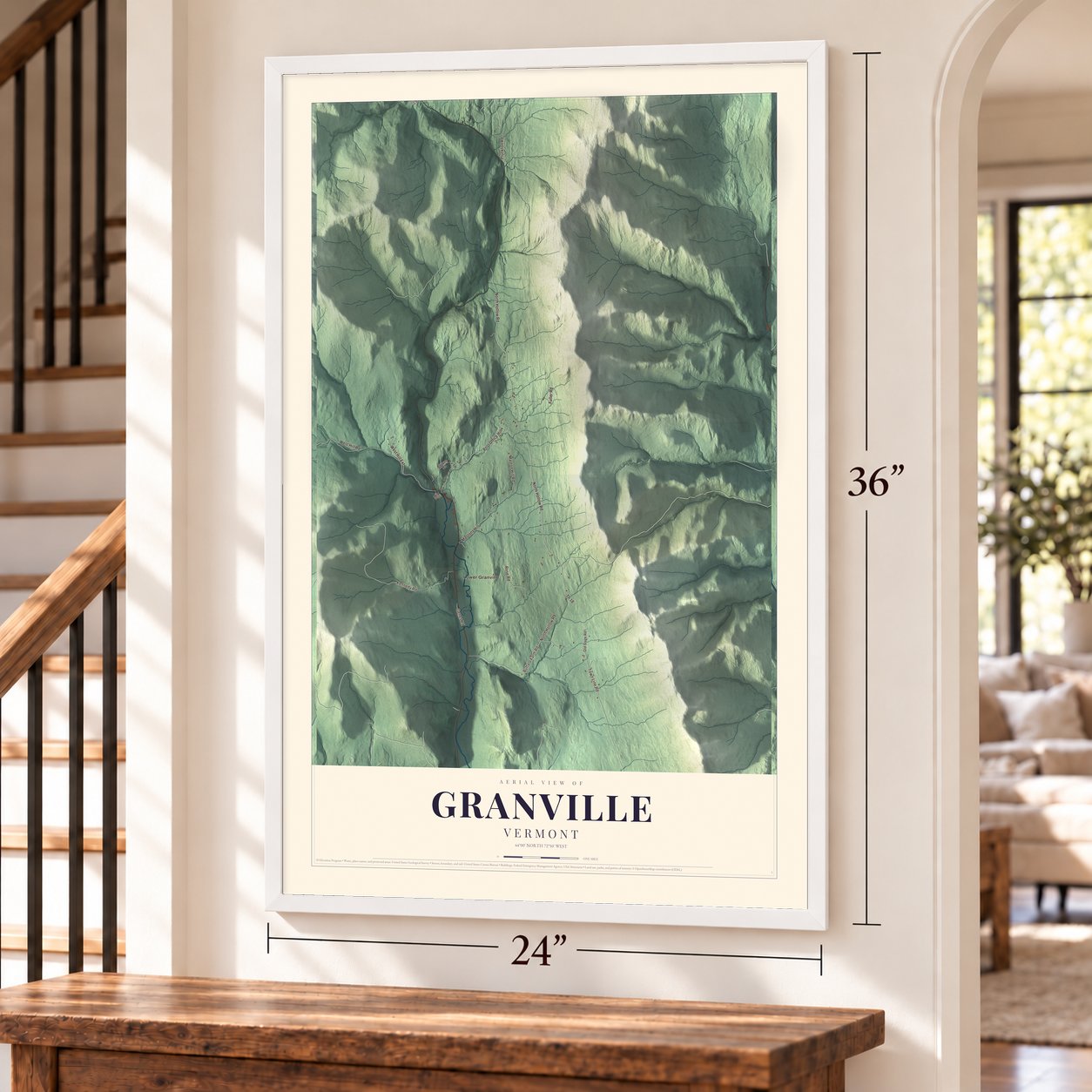 Granville, Vermont map, 24 x 36 inch print in a white frame by a staircase