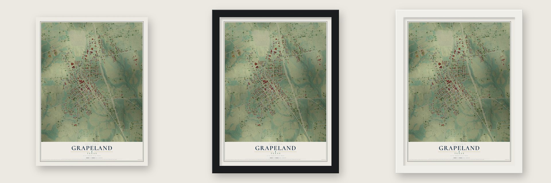 Grapeland, Texas map unframed, in a black wood frame and in a white wood frame
