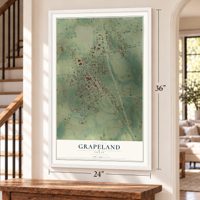 Grapeland, Texas map, 24 x 36 inch print in a white frame by a staircase