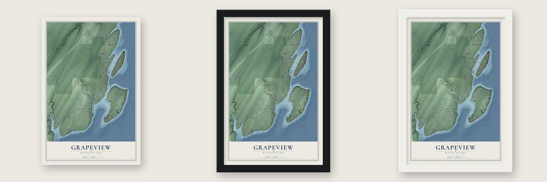 Grapeview, Washington map unframed, in a black wood frame and in a white wood frame