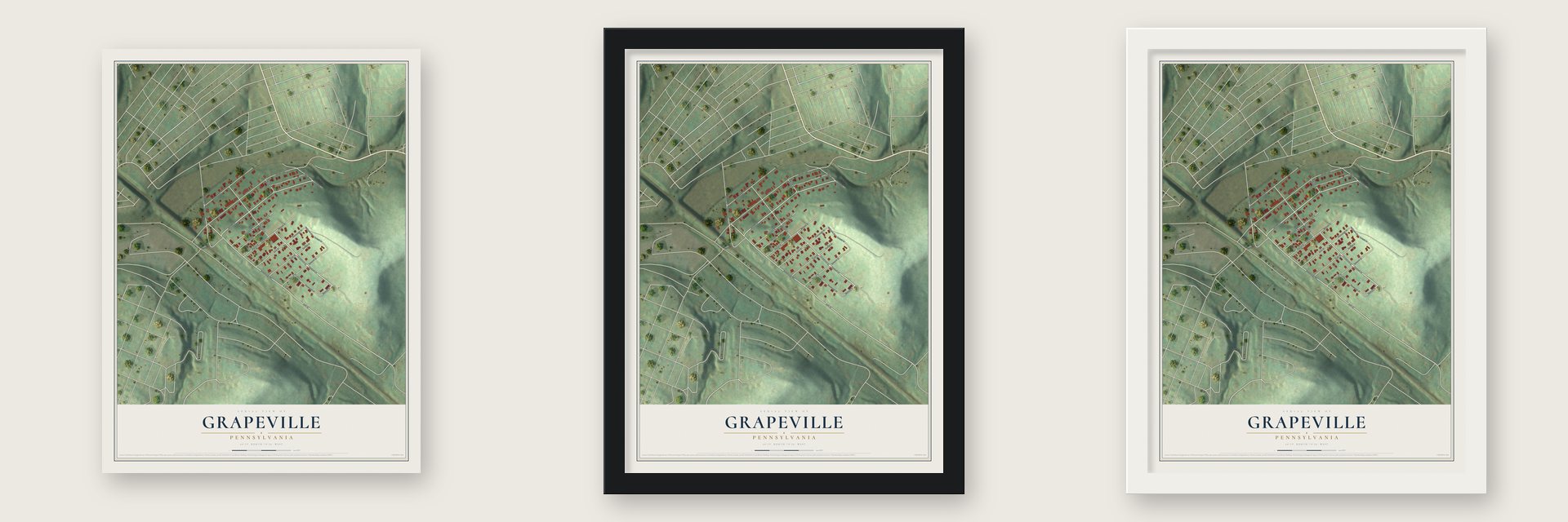 Grapeville, Pennsylvania map unframed, in a black wood frame and in a white wood frame