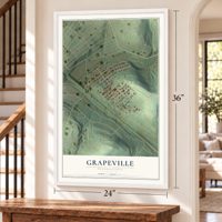 Grapeville, Pennsylvania map, 24 x 36 inch print in a white frame by a staircase