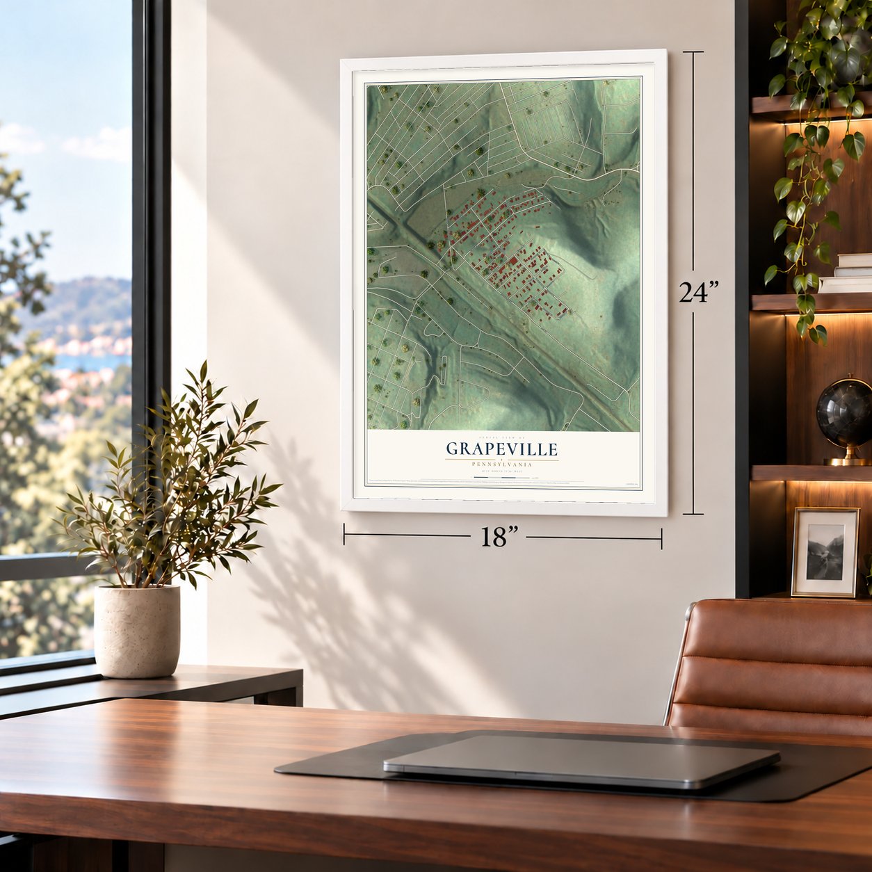 Grapeville, Pennsylvania map, 18 x 24 inch print in a white frame in a home office