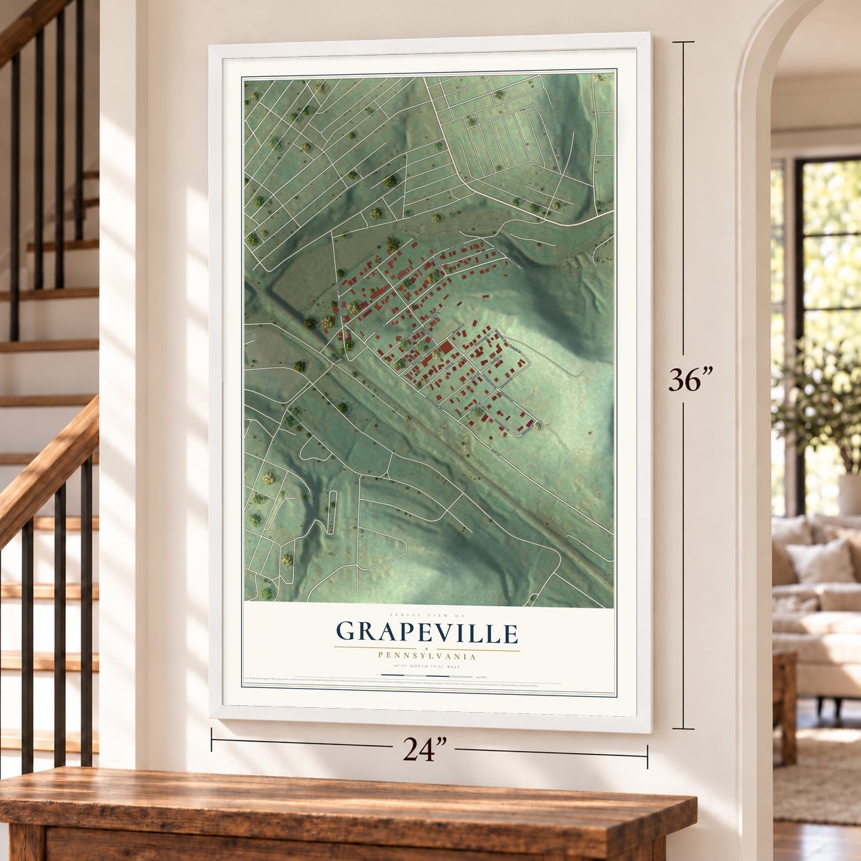 Grapeville, Pennsylvania map, 24 x 36 inch print in a white frame by a staircase