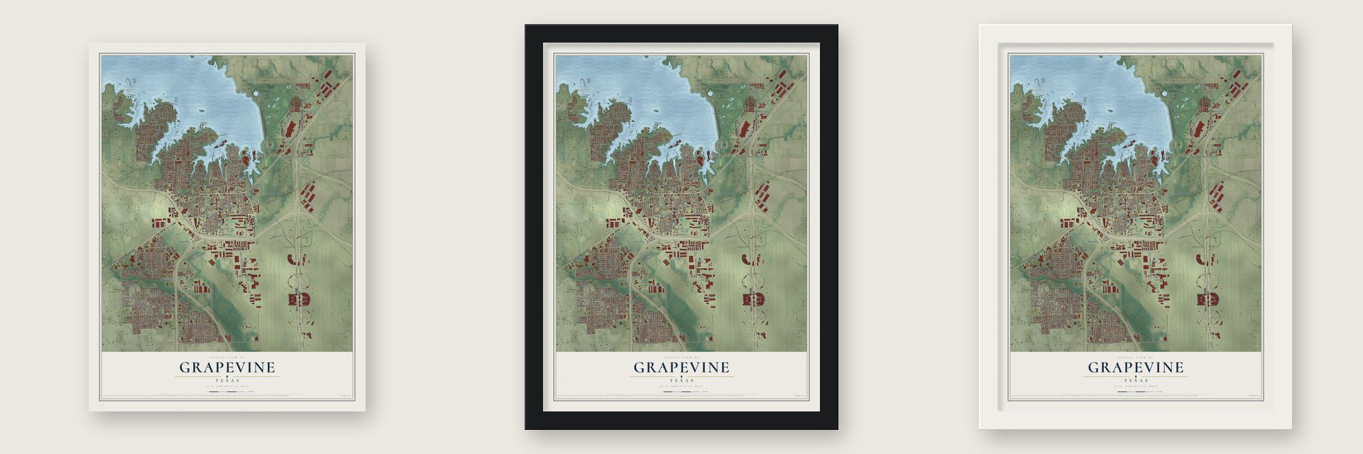 Grapevine, Texas map unframed, in a black wood frame and in a white wood frame