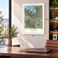 Grapevine, Texas map, 18 x 24 inch print in a white frame in a home office