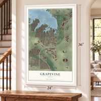 Grapevine, Texas map, 24 x 36 inch print in a white frame by a staircase