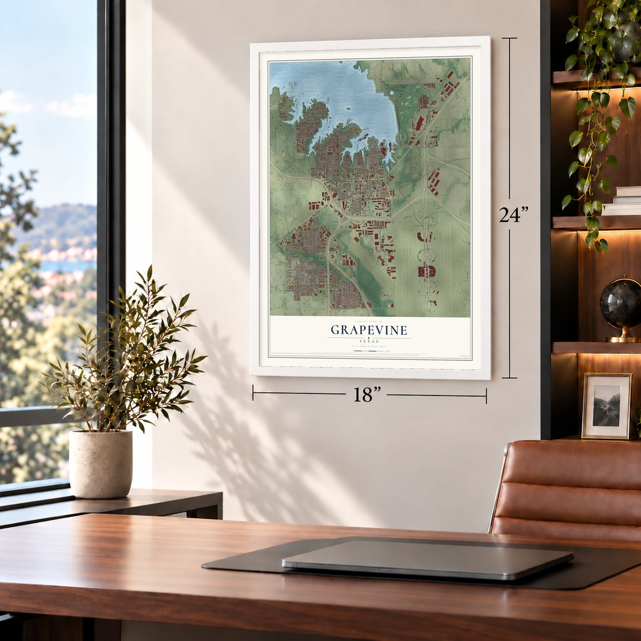 Grapevine, Texas map, 18 x 24 inch print in a white frame in a home office