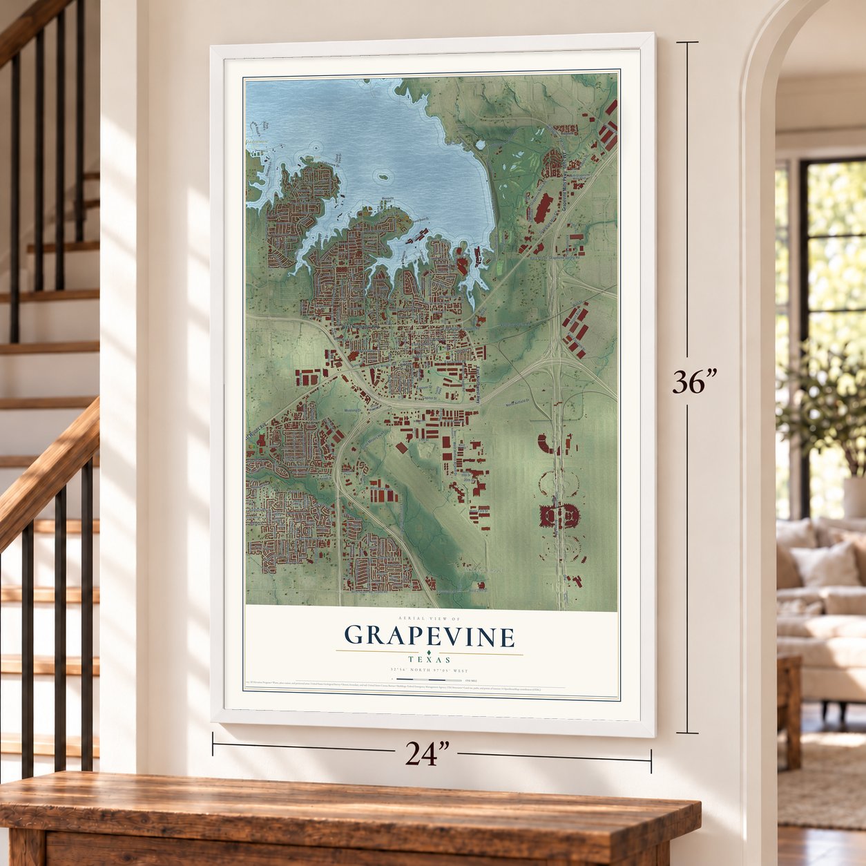 Grapevine, Texas map, 24 x 36 inch print in a white frame by a staircase
