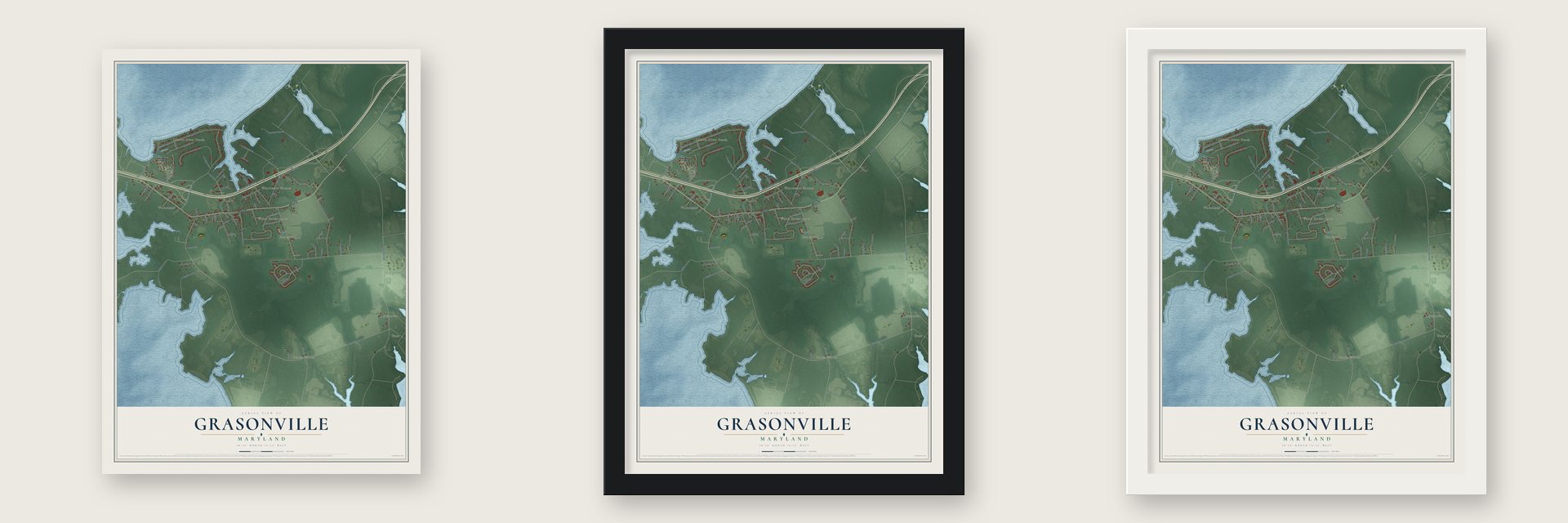 Grasonville, Maryland map unframed, in a black wood frame and in a white wood frame