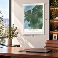 Grasonville, Maryland map, 18 x 24 inch print in a white frame in a home office