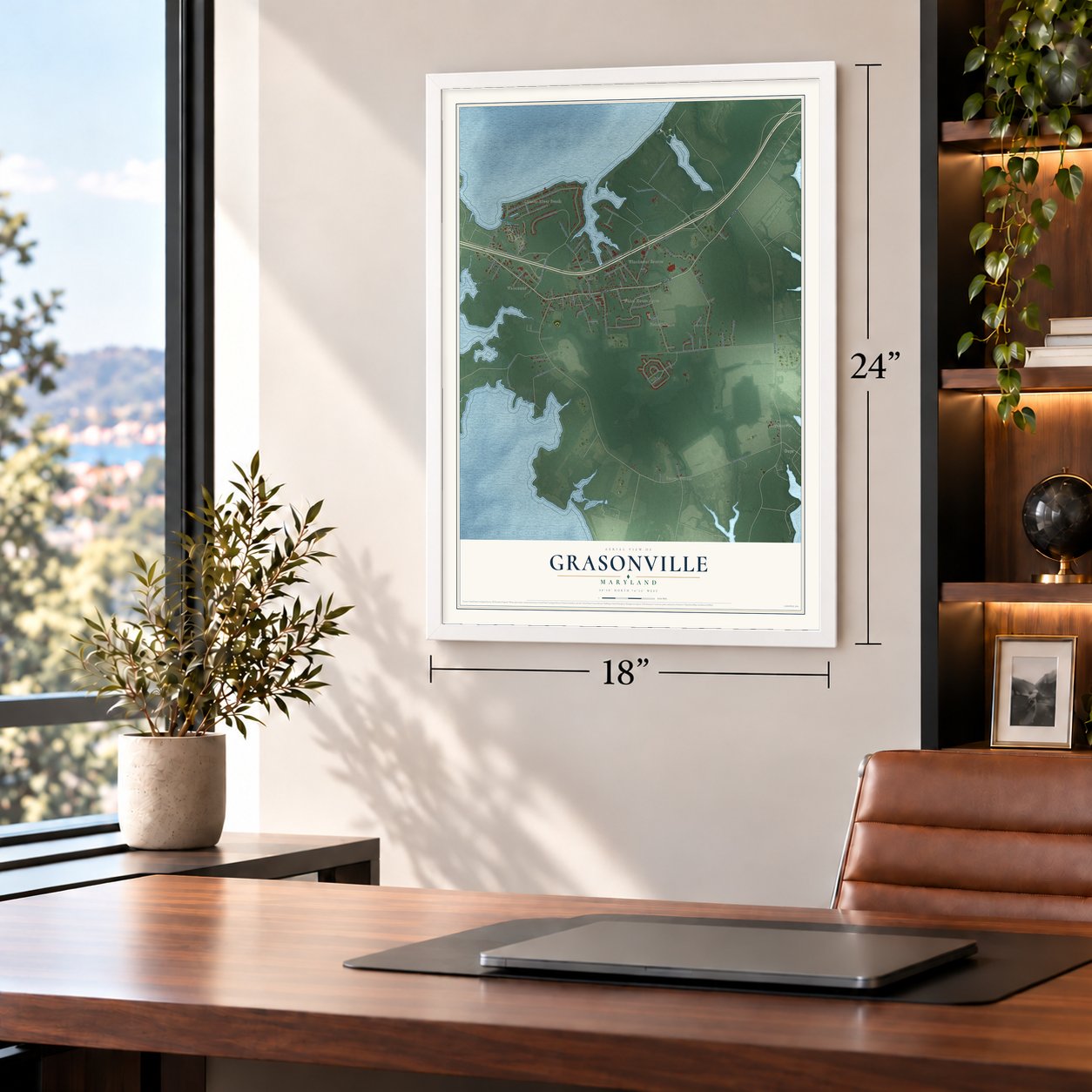 Grasonville, Maryland map, 18 x 24 inch print in a white frame in a home office