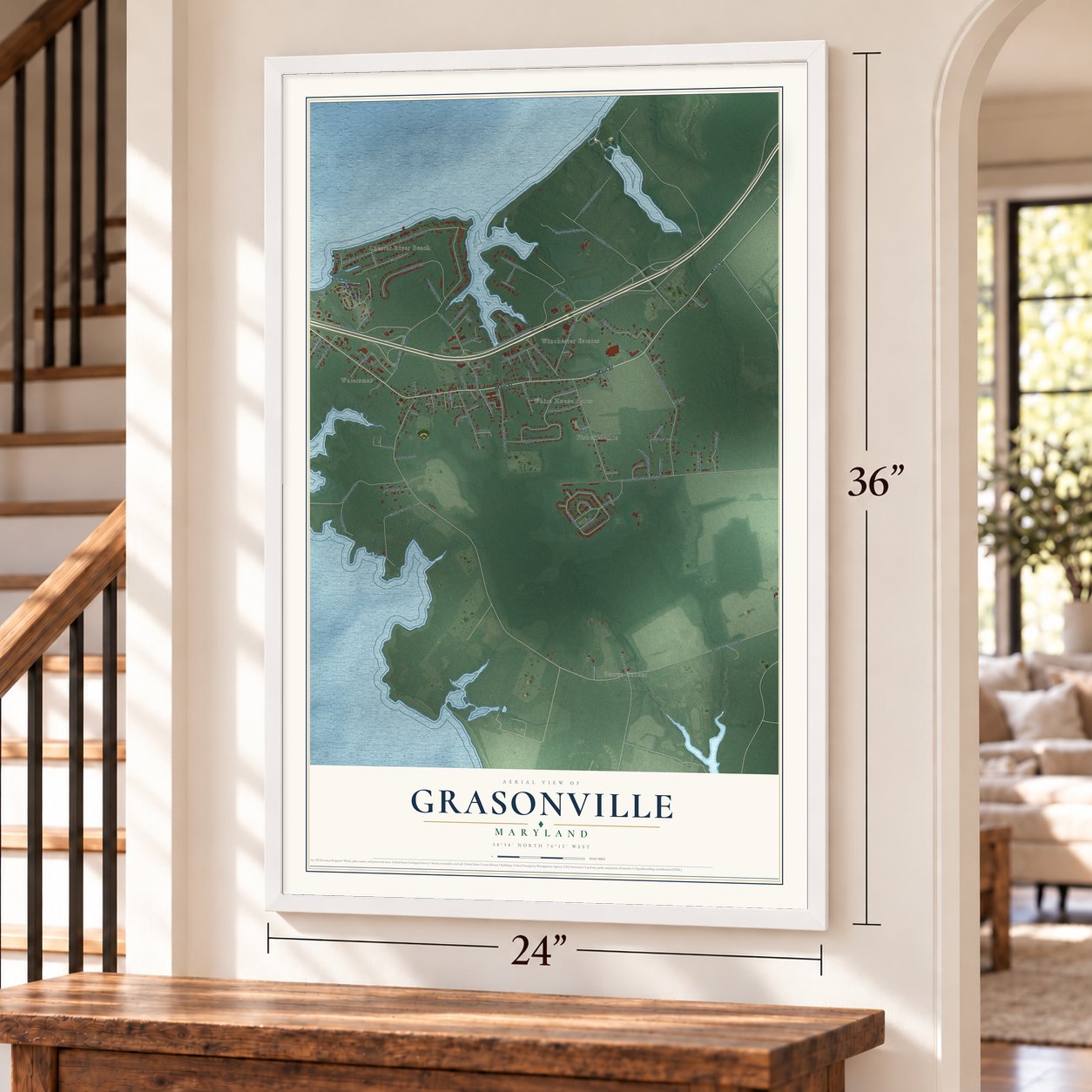 Grasonville, Maryland map, 24 x 36 inch print in a white frame by a staircase