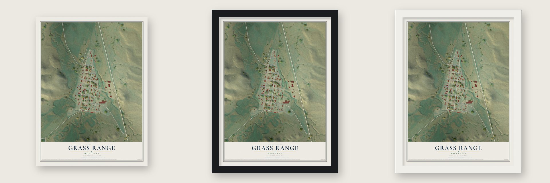 Grass Range, Montana map unframed, in a black wood frame and in a white wood frame