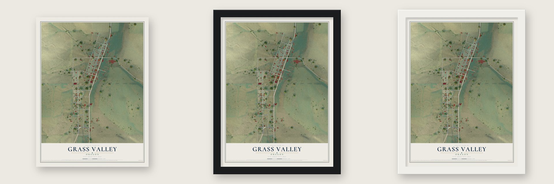 Grass Valley, Oregon map unframed, in a black wood frame and in a white wood frame