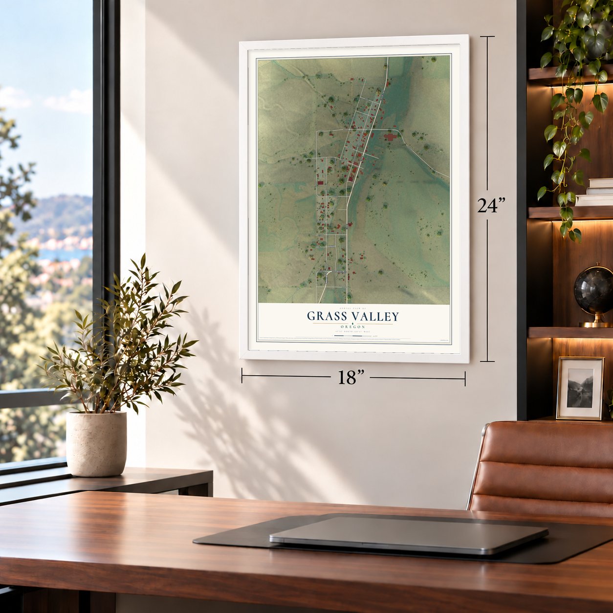 Grass Valley, Oregon map, 18 x 24 inch print in a white frame in a home office