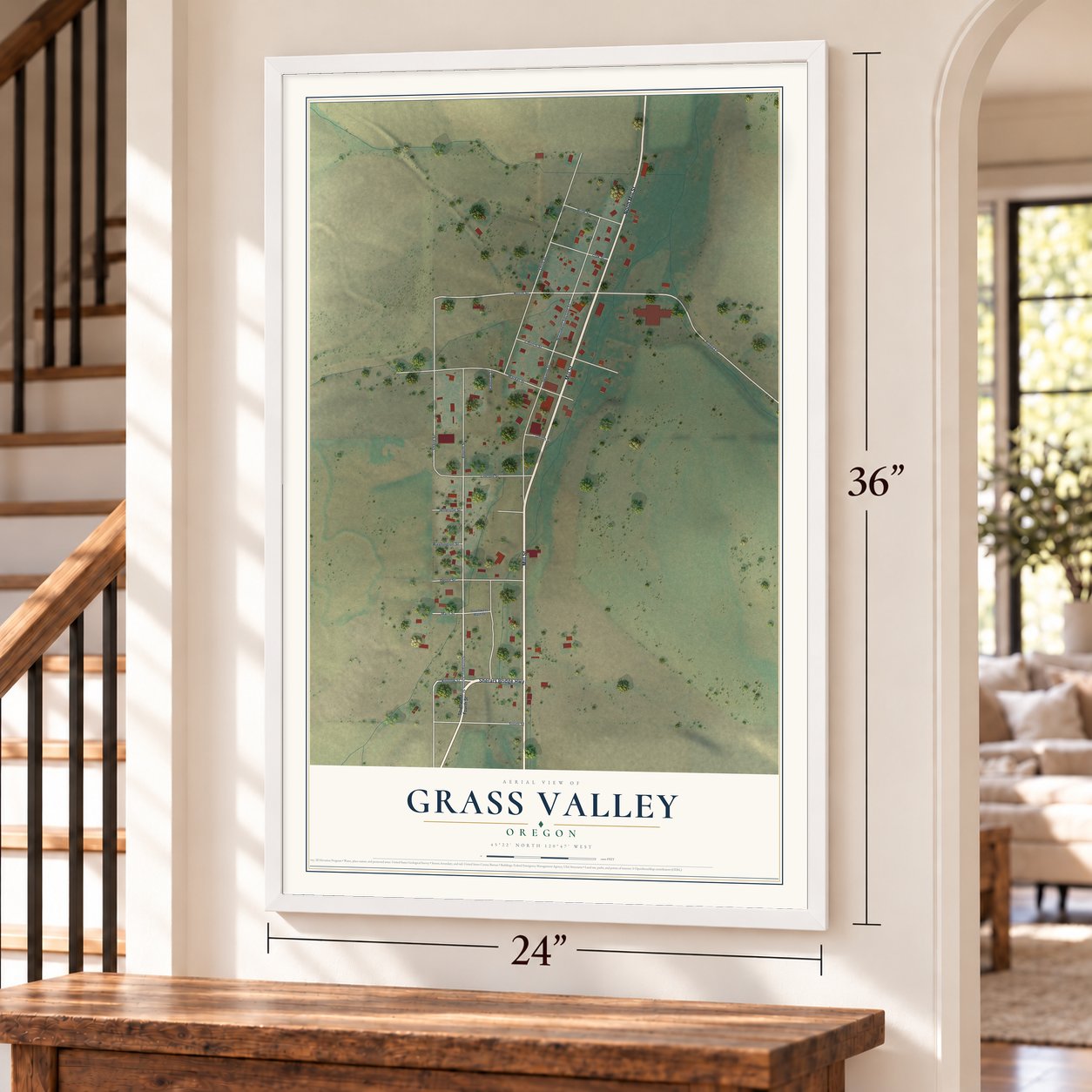 Grass Valley, Oregon map, 24 x 36 inch print in a white frame by a staircase