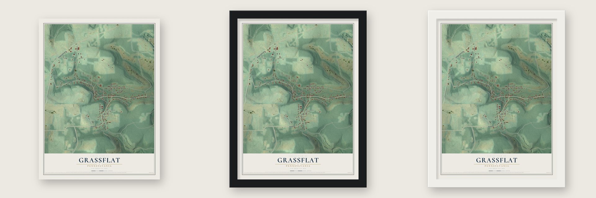 Grassflat, Pennsylvania map unframed, in a black wood frame and in a white wood frame