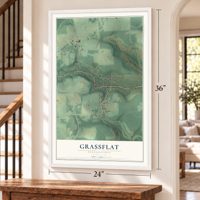 Grassflat, Pennsylvania map, 24 x 36 inch print in a white frame by a staircase