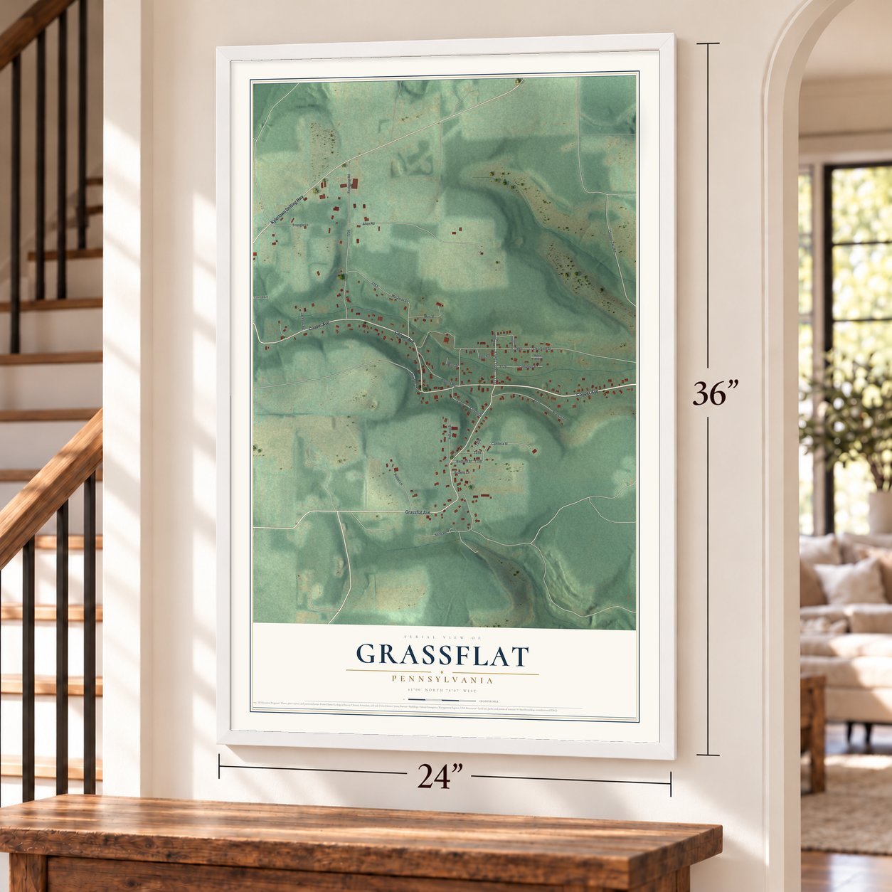 Grassflat, Pennsylvania map, 24 x 36 inch print in a white frame by a staircase