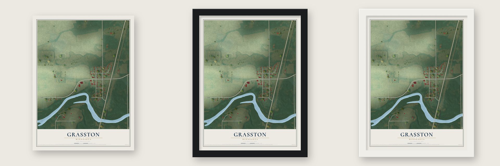 Grasston, Minnesota map unframed, in a black wood frame and in a white wood frame