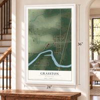 Grasston, Minnesota map, 24 x 36 inch print in a white frame by a staircase