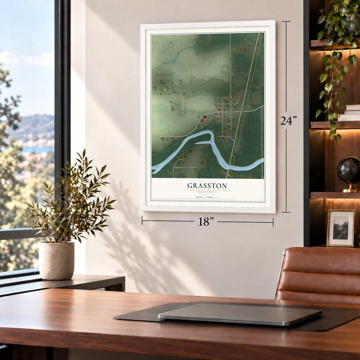 Grasston, Minnesota map, 18 x 24 inch print in a white frame in a home office