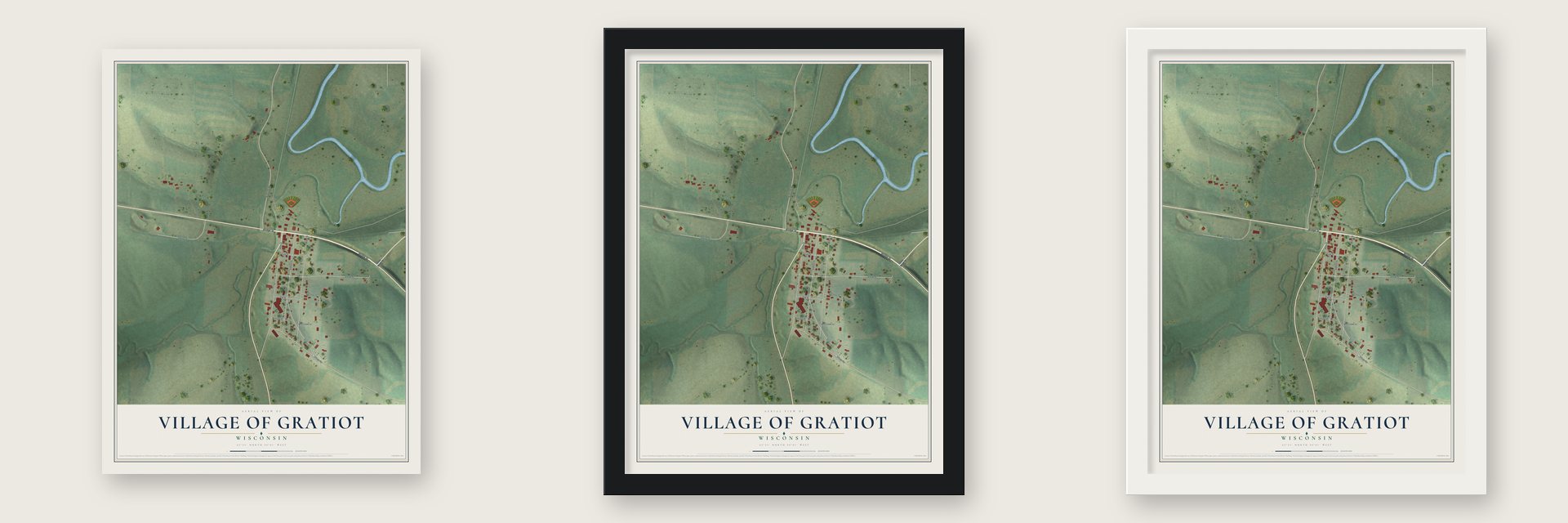 Gratiot, Wisconsin map unframed, in a black wood frame and in a white wood frame