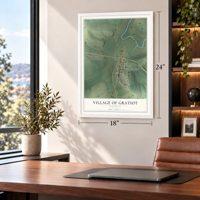 Gratiot, Wisconsin map, 18 x 24 inch print in a white frame in a home office