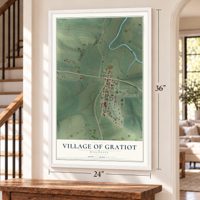 Gratiot, Wisconsin map, 24 x 36 inch print in a white frame by a staircase