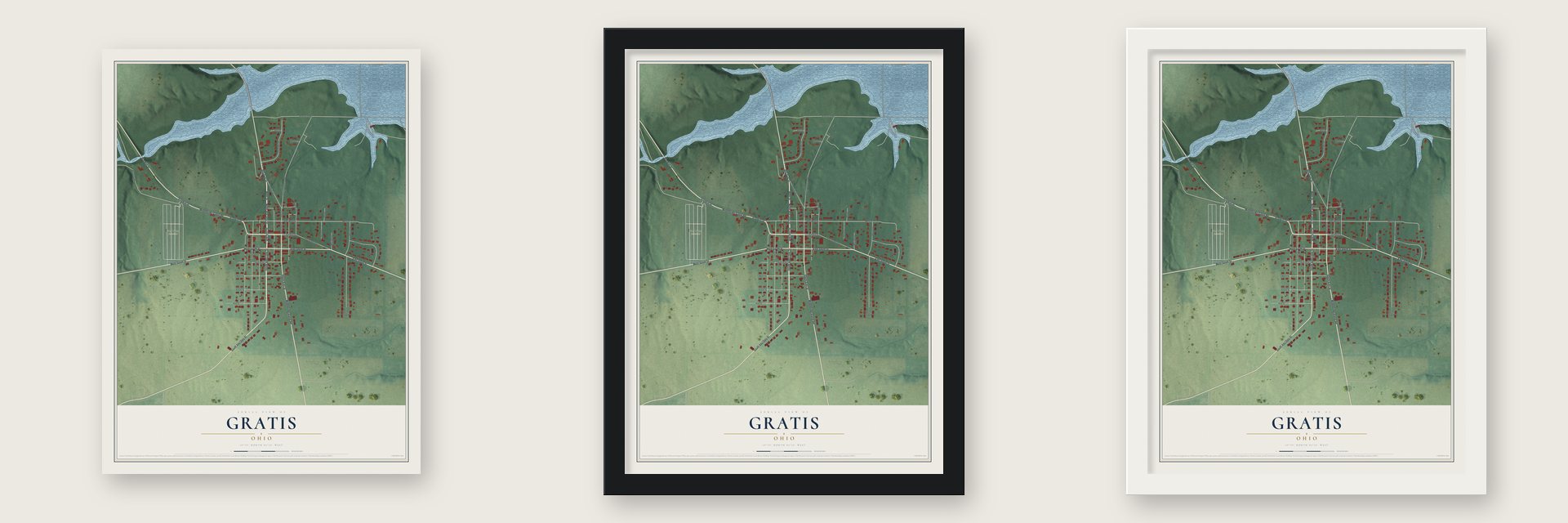 Gratis, Ohio map unframed, in a black wood frame and in a white wood frame