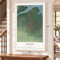 Gratis, Ohio map, 24 x 36 inch print in a white frame by a staircase