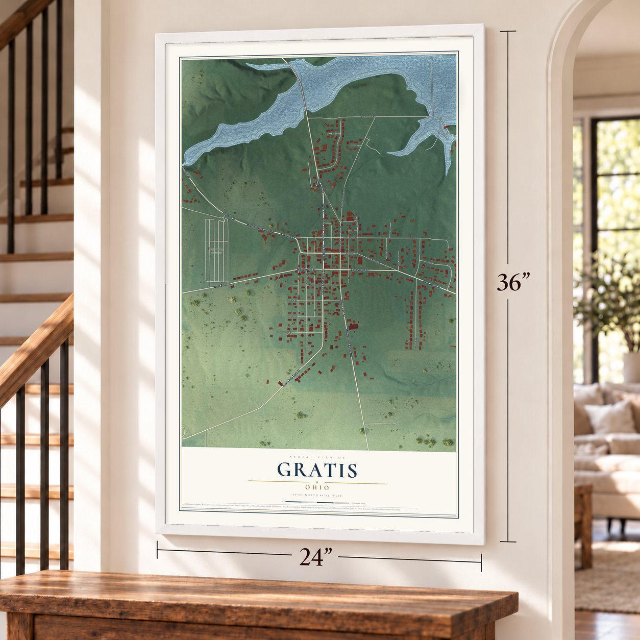 Gratis, Ohio map, 24 x 36 inch print in a white frame by a staircase