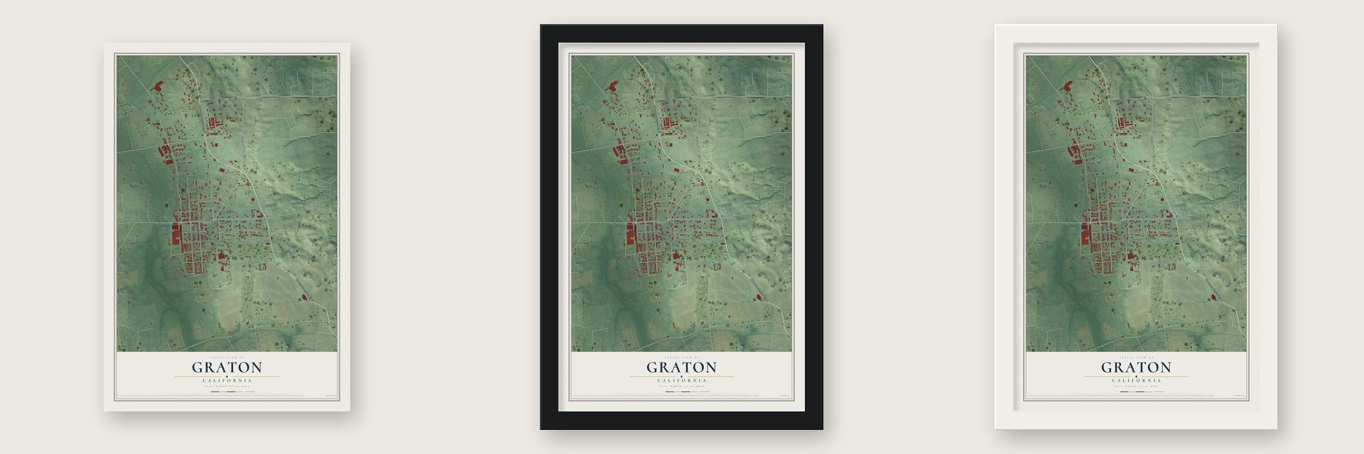 Graton, California map unframed, in a black wood frame and in a white wood frame